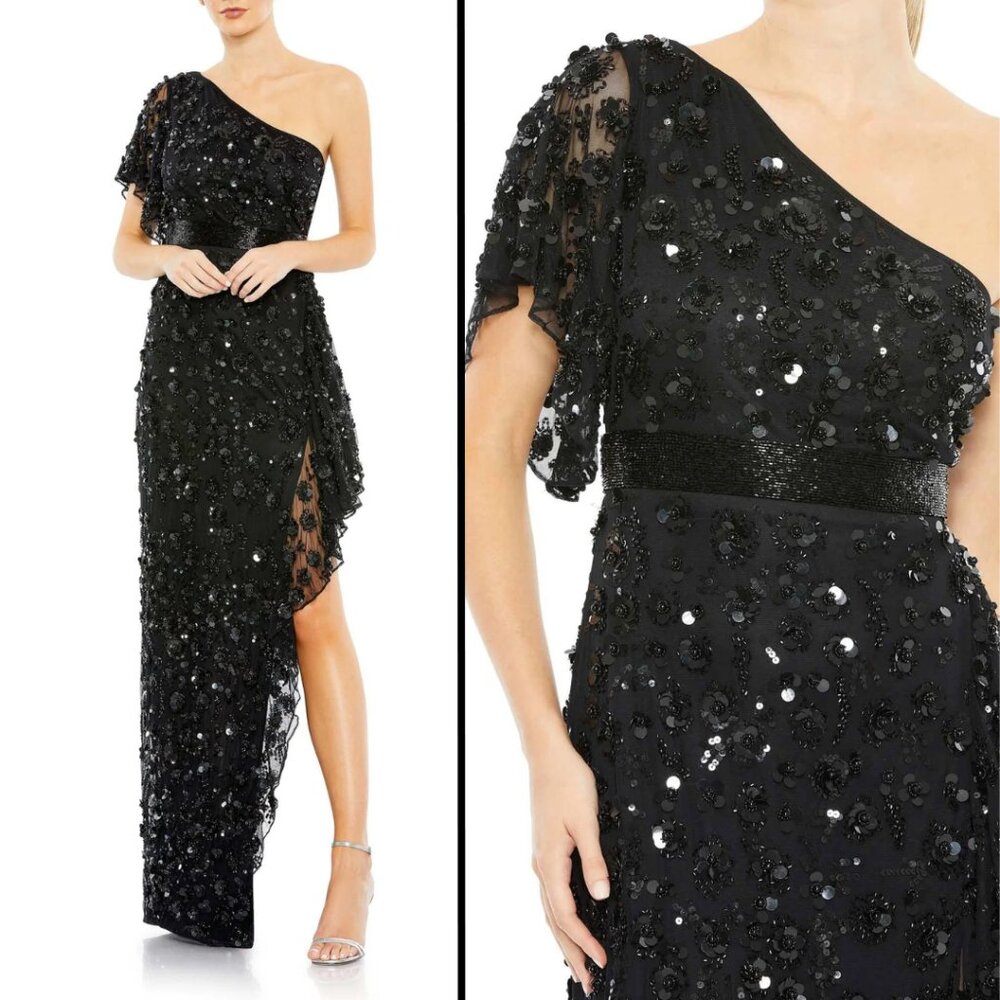 Mac Duggal 93687 Size 0 Black Floral Beaded Ruffled Long Maxi Dress Gown‎